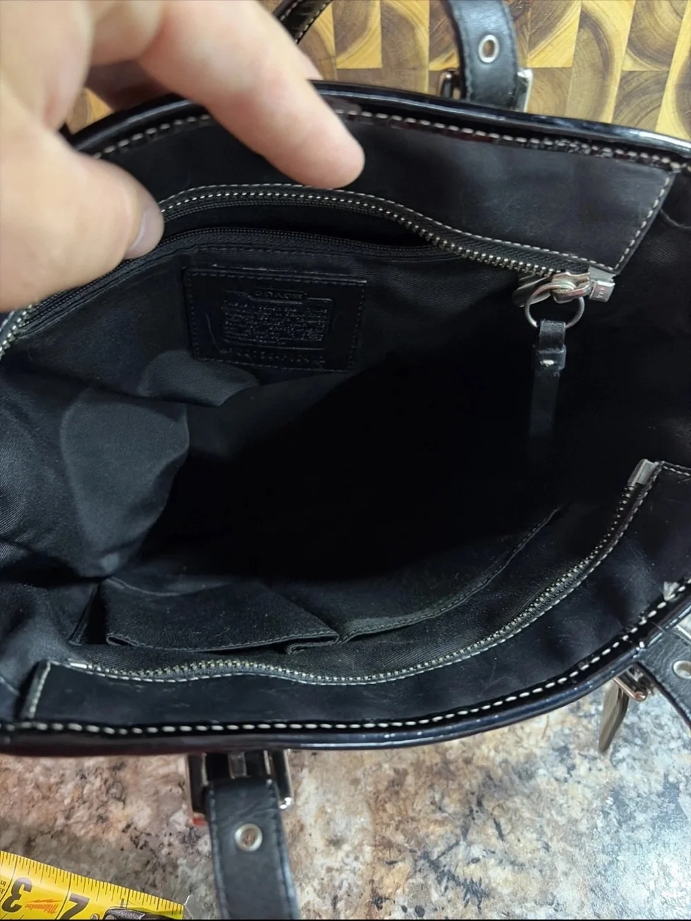 Coach Black Leather Tote with White Contrast Stitching